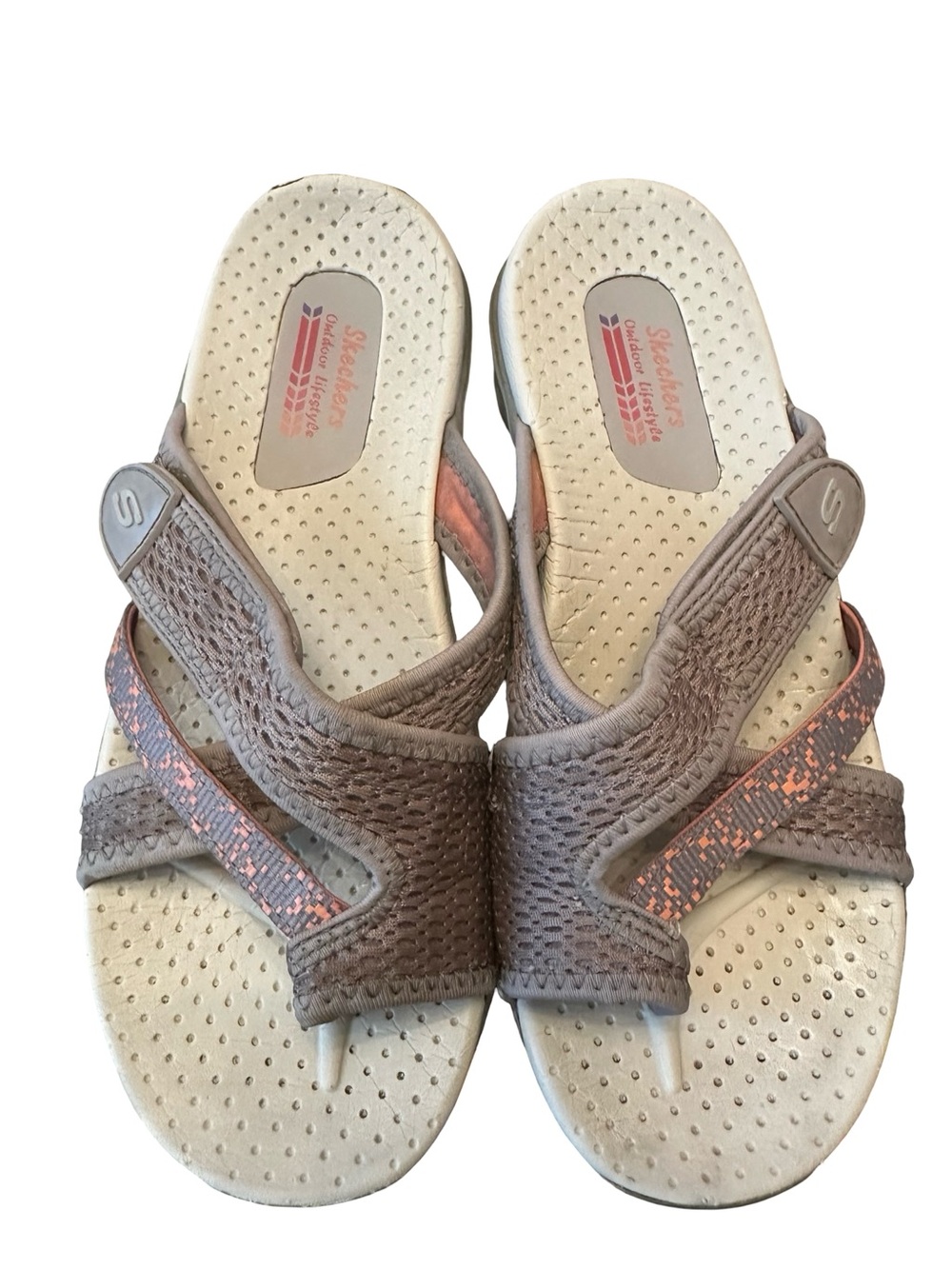 🧡 Skechers Taupe Slip-On Sandals with Coral Accents 🧡